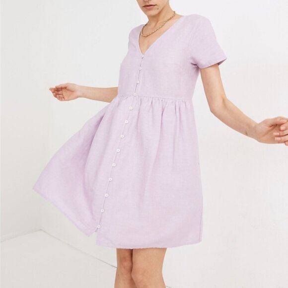 Madewell Brown Linen Blend Alexandra Button Front Mini Dress Pockets SMALL - Picture 7 of 7